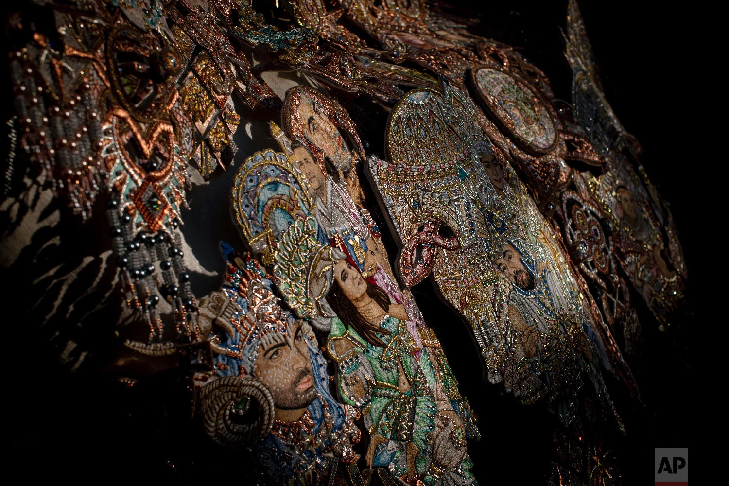 Detail of an embroidered cloak atop Rociero, a Spanish pure breed and contestant for best cloak during the annual fiesta called "Los Caballos del Vino," usually translated as the Running of the Wine Horses in Caravaca de la Cruz, southeast Spain, Thursday, May 2, 2019. (AP Photo/Bernat Armangue)