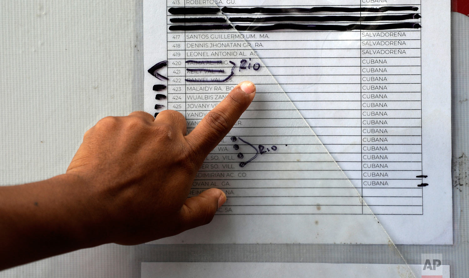 A migrant seeking asylum in the United States check looks at a typewritten list of more than 800 people in line, in Matamoros, Mexico, April 30, 2019. (AP Photo/Eric Gay)