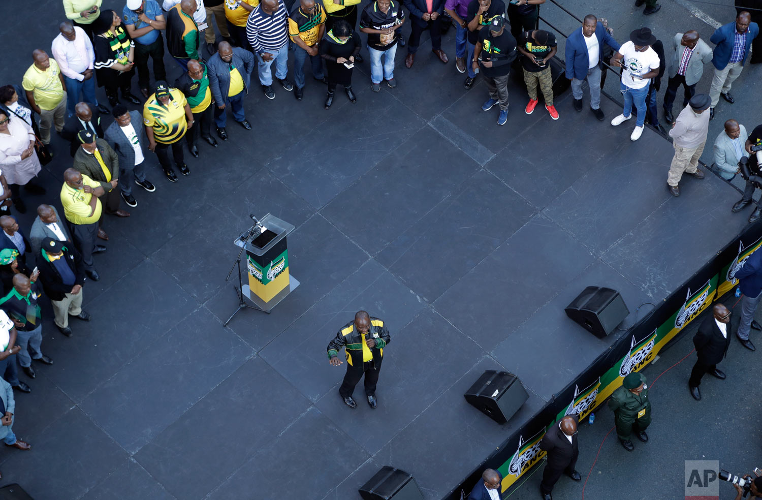 African National Congress (ANC), president Cyril Ramaphosa, addresses supporters during their celebration in Johannesburg, South Africa, May 12, 2019. (AP Photo/Themba Hadebe)
