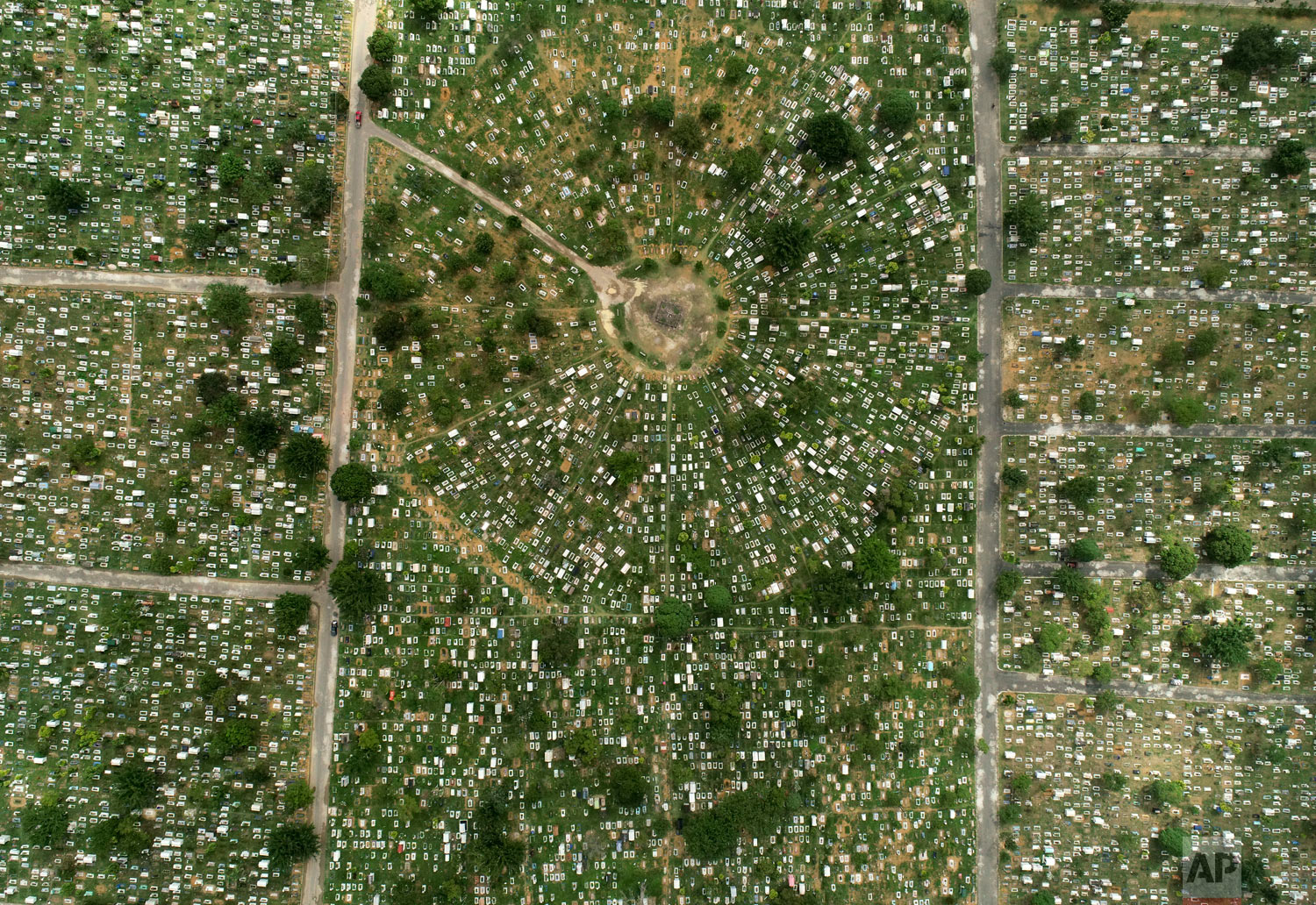  An aerial view of the Taruma cemetery where inmates killed in prison riots are being buried in Manaus, Brazil, Wednesday, May 29, 2019. (AP Photo/Andre Penner) 