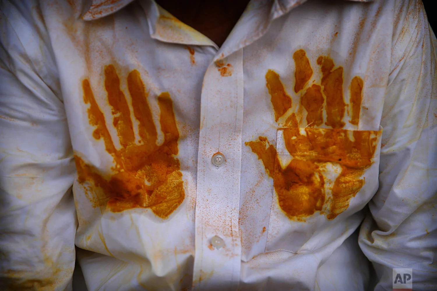 A devotee's shirt has handprints of the spice turmeric during the celebration of the Bhandara Festival, or the Festival of Turmeric, at the Jejuri temple in Pune district, Maharashtra state, India, Monday, June 3, 2019. (AP Photo/Rafiq Maqbool)