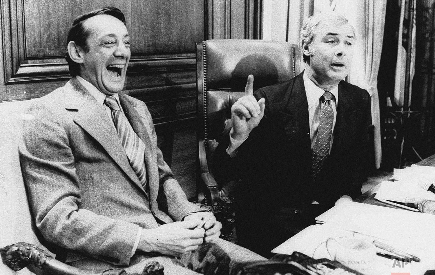 In this April 1977 file photo, San Francisco Supervisor Harvey Milk, left, and Mayor George Moscone sit together in the mayor's office during the signing of the city's gay rights bill. (AP Photo)