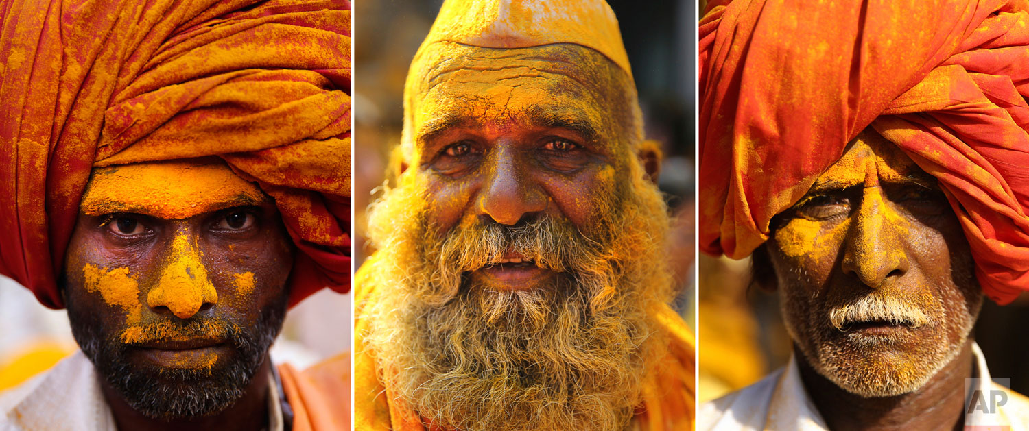 photo combo, devotees are covered in the spice turmeric during the celebration of the Bhandara Festival, or the Festival of Turmeric, at the Jejuri temple in Pune district, Maharashtra state, India. During the festival, devotees use the golden powder to worship the deity Lord Khandoba, widely known as a descendant of the sun, and to celebrate his victory over the demons Mani and Malla. (AP Photo/Rafiq Maqbool)