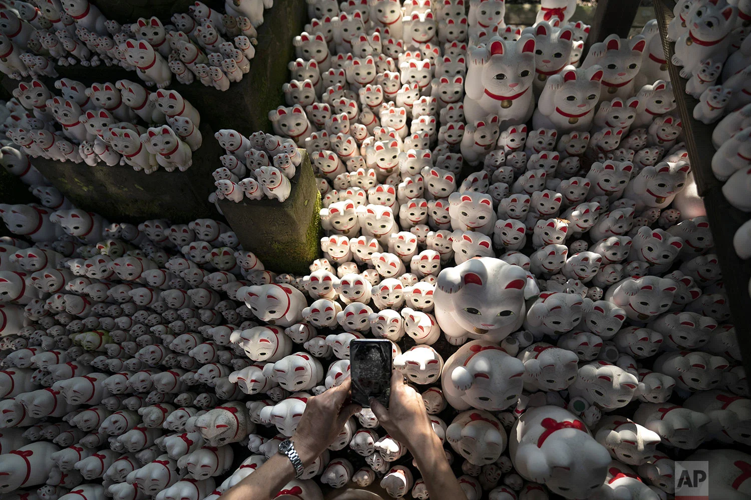 A visitor takes pictures of beckoning cat figurines at Gotokuji Temple in Tokyo, Tuesday, June 25, 2019. (AP Photo/Jae C. Hong)