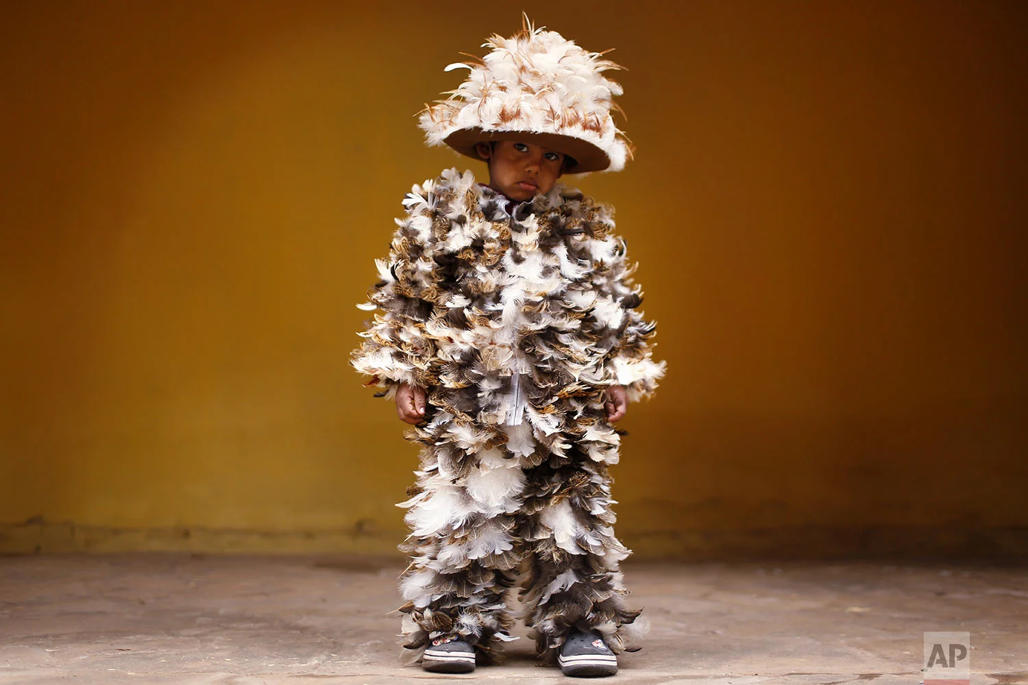  Four-year-old Josia Sebastian Yegros poses for a photo wearing his feathered costume during the feast of St. Francis Solano catholic, in Emboscada, Paraguay, Wednesday, July 24, 2019. Modesto Martínez, a parish priest in the nearby city of San Berna