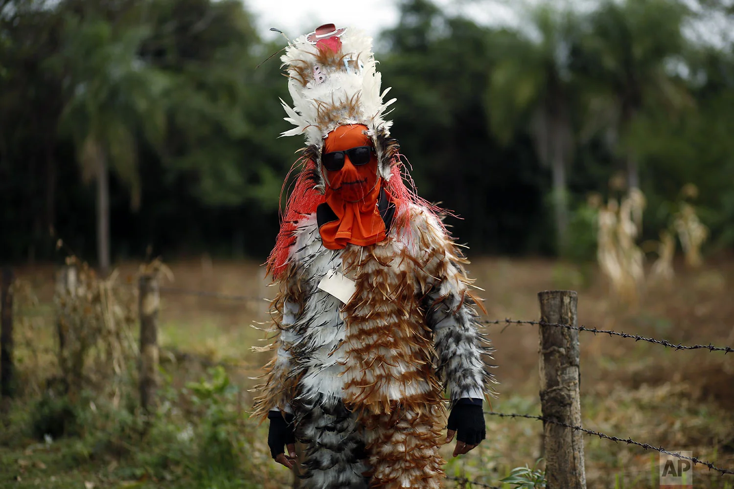  Angel Manuel Balbuena, a 12-year-old student, poses in his feathered costume during the feast of St. Francis Solano, in Emboscada, Paraguay, Wednesday, July 24, 2019. (AP Photo/Jorge Saenz) 