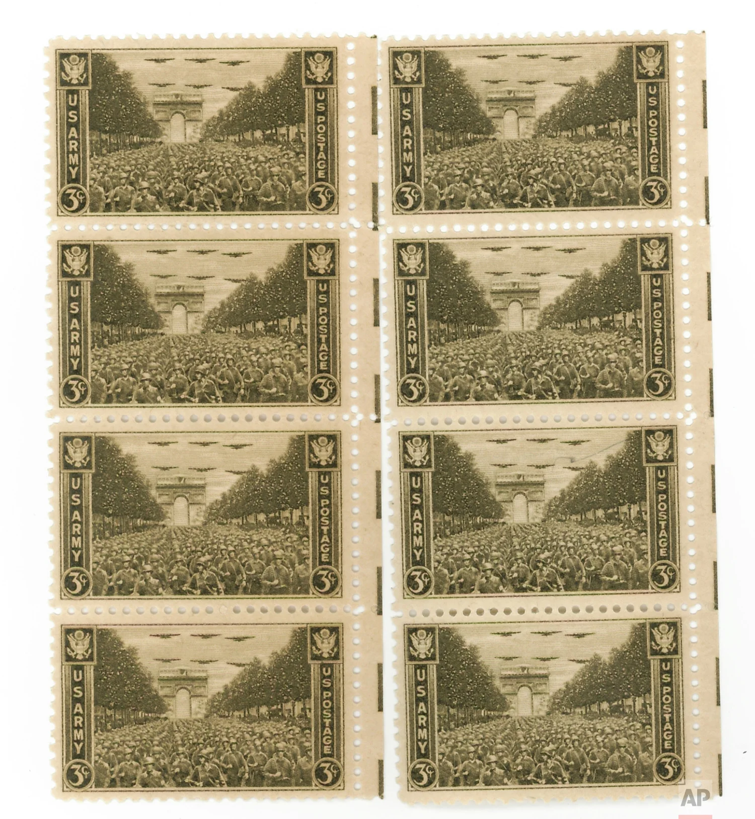 Peter J. Carroll's August 29, 1944 photo of the liberation of Paris was used as the basic design for the stamp, issued on September 28, 1945. The war planes were added to the design in tribute to the Air Force. (AP Corporate Archives)