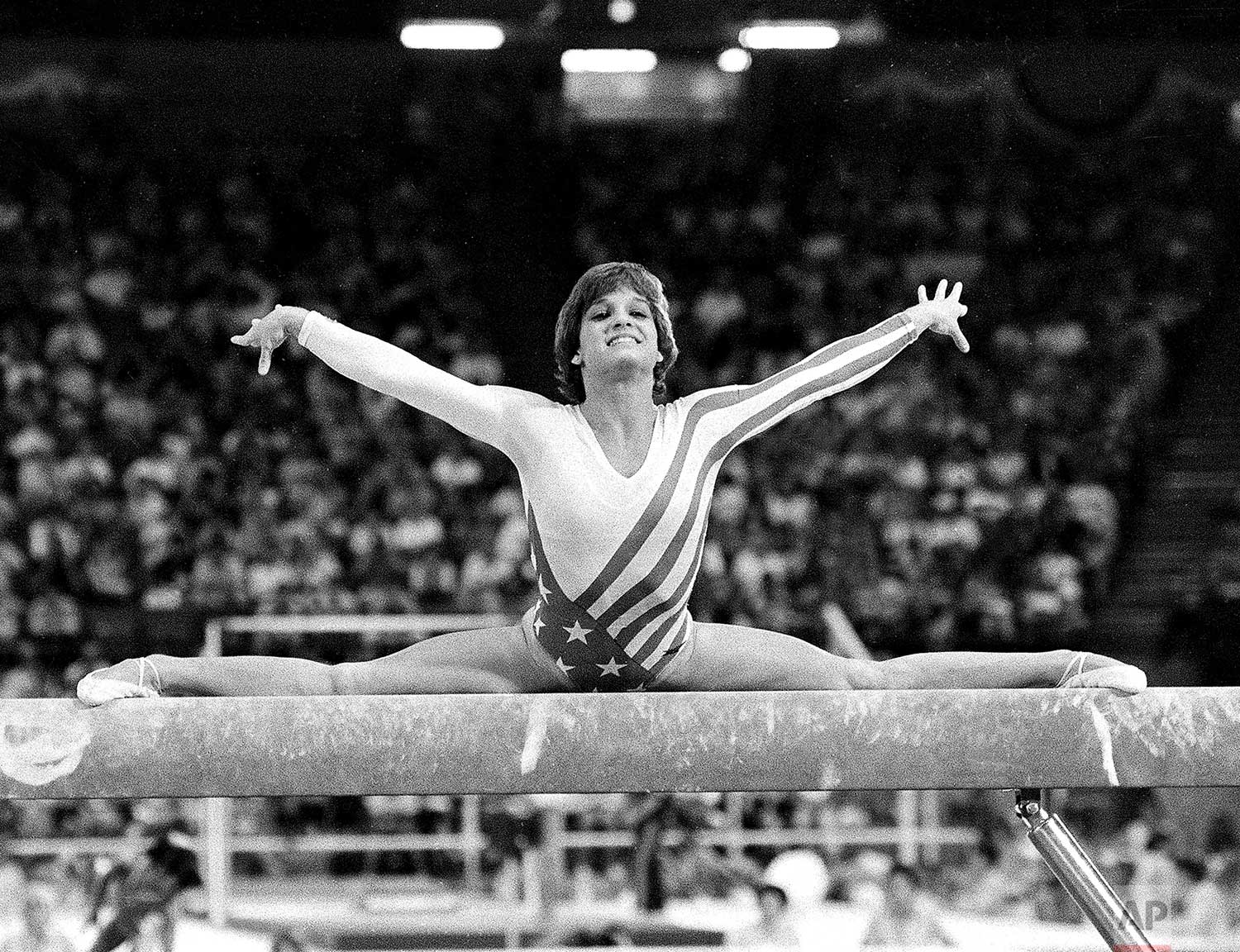 Mary Lou Retton, of the U.S.A., performs on the balance beam during the wom...