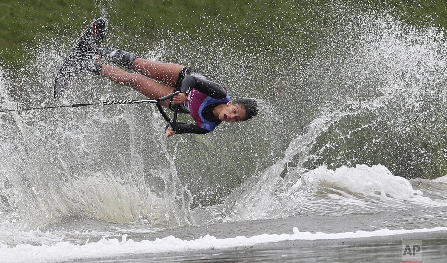 Luisa Jaramillo, of Colombia, competes in the women's tricks waterski final at the Pan American Games in Lima, Peru, Monday, July 29, 2019. (AP Photo/Juan Karita)