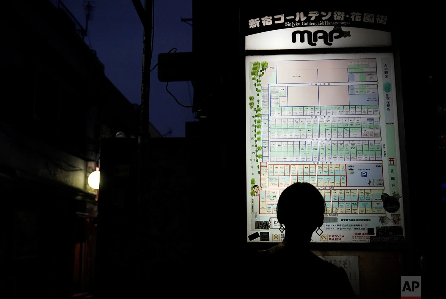 A tourist is silhouetted as she looks at the map of the Golden Gai in the Shinjuku district of Tokyo, July 28, 2019. (AP Photo/Jae C. Hong)