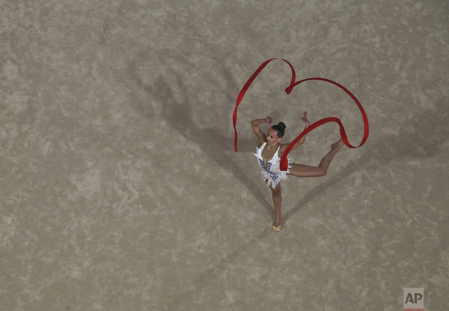 Camila Freeley of United States competes for the silver medal in the rhythmic gymnastics individual all around rotation 3 at the Pan American Games in Lima, Peru, Saturday, Aug. 3, 2019. (AP Photo/Fernando Llano)