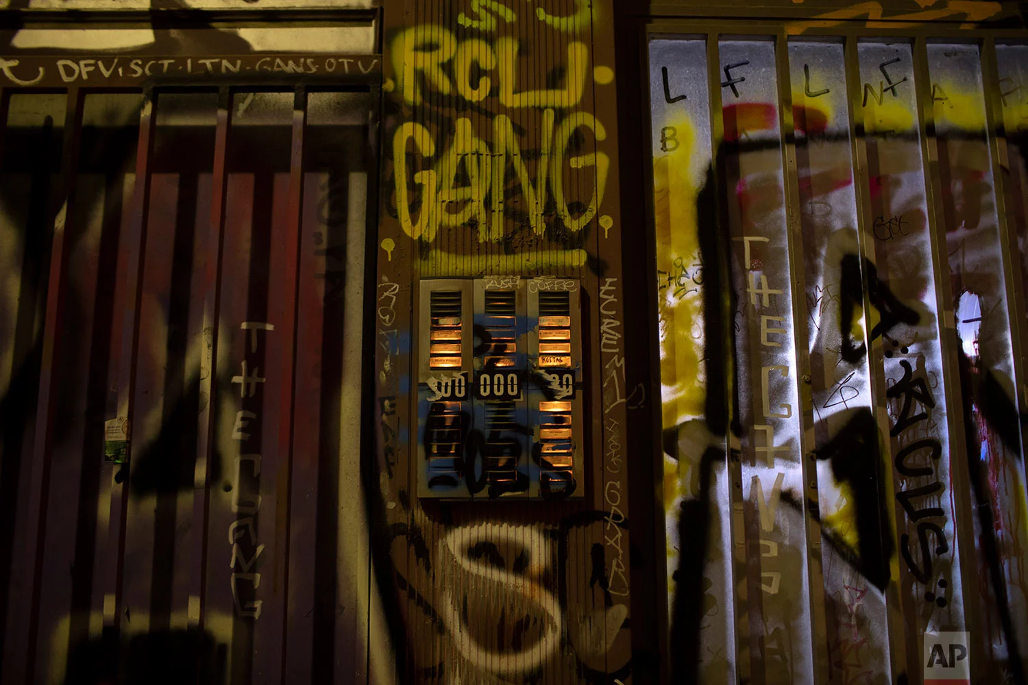 The doorbells of a building are covered with graffiti in Psiri district, central Athens, July 6, 2019. (AP Photo/Petros Giannakouris)