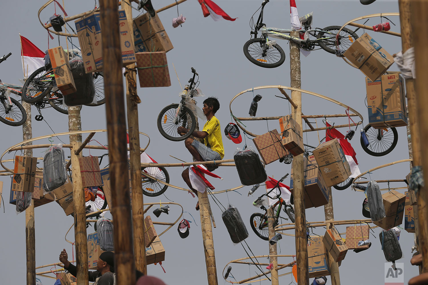  An Indonesian man retrieves his prize after climbing up a greased pole during a greased-pole climbing competition held as part of Independence Day celebrations at Ancol Beach in Jakarta, Indonesia, Saturday, Aug. 17, 2019. (AP Photo/Tatan Syuflana) 