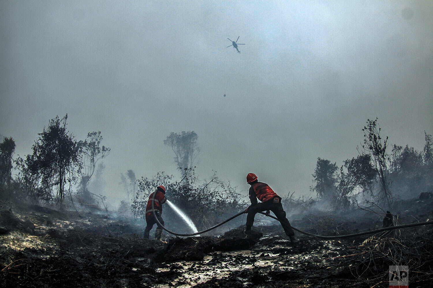  Firefighters spray water on the embers of a forest fire in Kampar, Riau province, Indonesia, Wednesday, Sept. 18, 2019. Fires have razed hundreds of thousands of hectares of land in Sumatra and Borneo island, spreading a thick, noxious haze around S