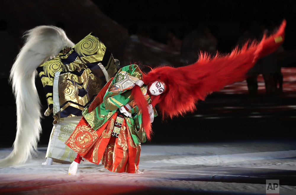Kabuki performers take part in the opening ceremony of the Rugby World Cup ahead of the Pool A game at Tokyo Stadium between Russia and Japan, Friday, Sept. 20, 2019, in Tokyo. (AP Photo/Jae Hong)