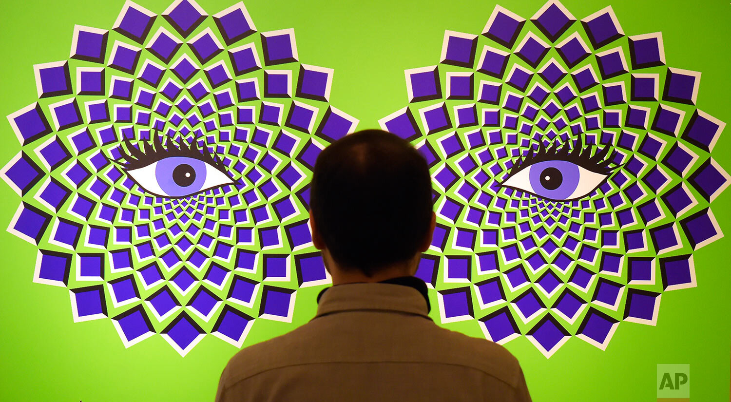 A man stands in front of a optical illusion image during the press preview of the interactive experience exhibition "Tricked! - The spectacular illusion exhibition" at Augustusburg castle in Augustusburg, Germany, Tuesday, Oct. 1, 2019. The show, with paintings by Mexican artist Yunuen Esparza, deals with the functioning of the eye, the laws of optics and the interconnection of the senses in the brain. (AP Photo/Jens Meyer)
