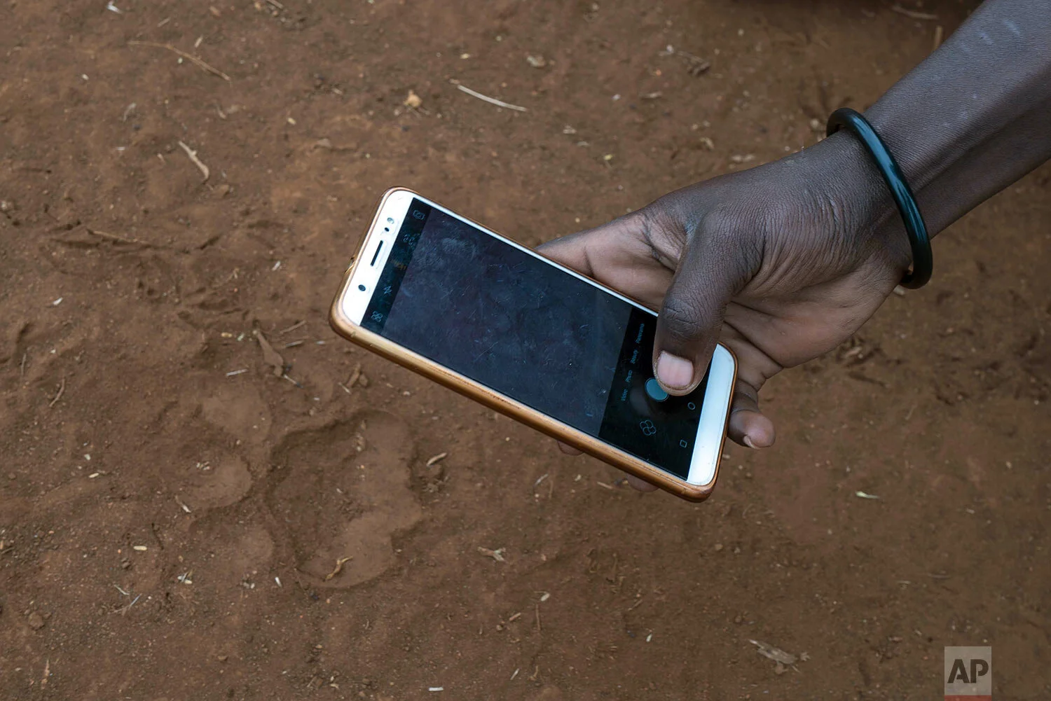 Saitoti Petro photographs a lion print near the village of Loibor Siret, Tanzania, Saturday July 6, 2019. (AP Photo/Jerome Delay)