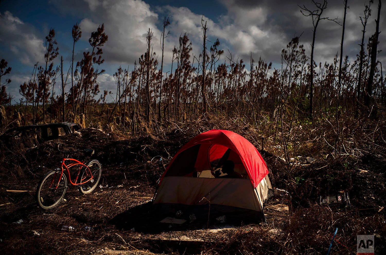 Haitian immigrant Francois Dickens, 22, displaced from his home destroyed by Hurricane Dorian rests in a tent in a forest in Abaco, Bahamas, Saturday, Sept. 28, 2019. (AP Photo / Ramon Espinosa)
