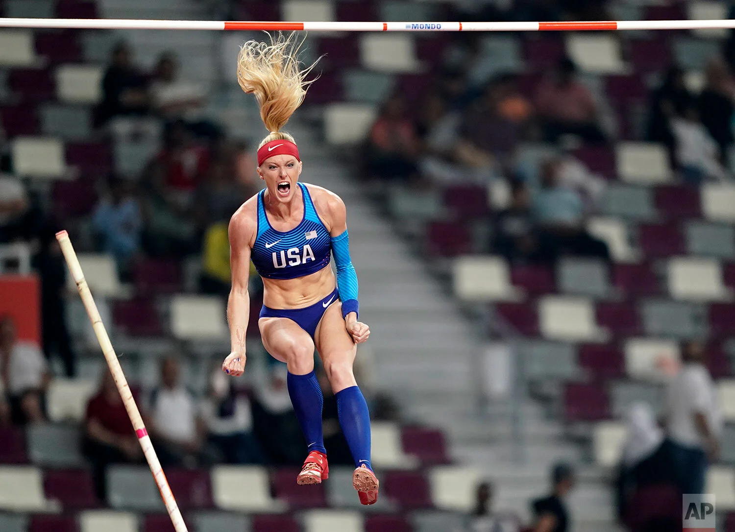 Sandi Morris, of the United States, competes in the women's pole vault final at the World Athletics Championships in Doha, Qatar, Sunday, Sept. 29, 2019. (AP Photo/David J. Phillip)