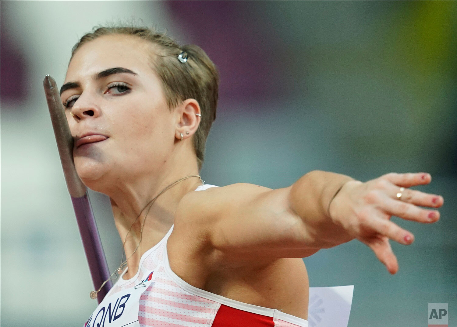 Victoria Hudson, of Austria, competes in the women's javelin throw at the World Athletics Championships in Doha, Qatar, Monday, Sept. 30, 2019. (AP Photo/David J. Phillip)