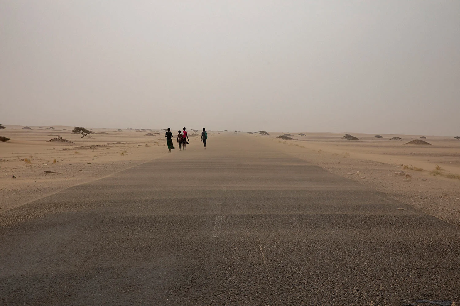 Ethiopian migrants walk along a road in a sandstorm in Lahj, Yemen. (AP Photo/Nariman El-Mofty)