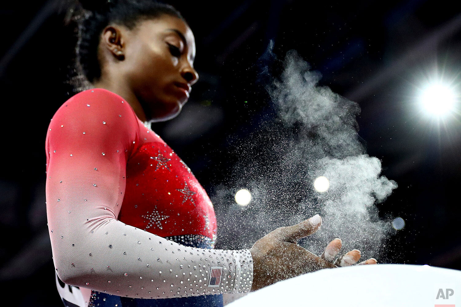  Simone Biles of the U.S. prepares for the start at the floor during women's team final at the Gymnastics World Championships in Stuttgart, Germany, Tuesday, Oct. 8, 2019. (AP Photo/Matthias Schrader) 