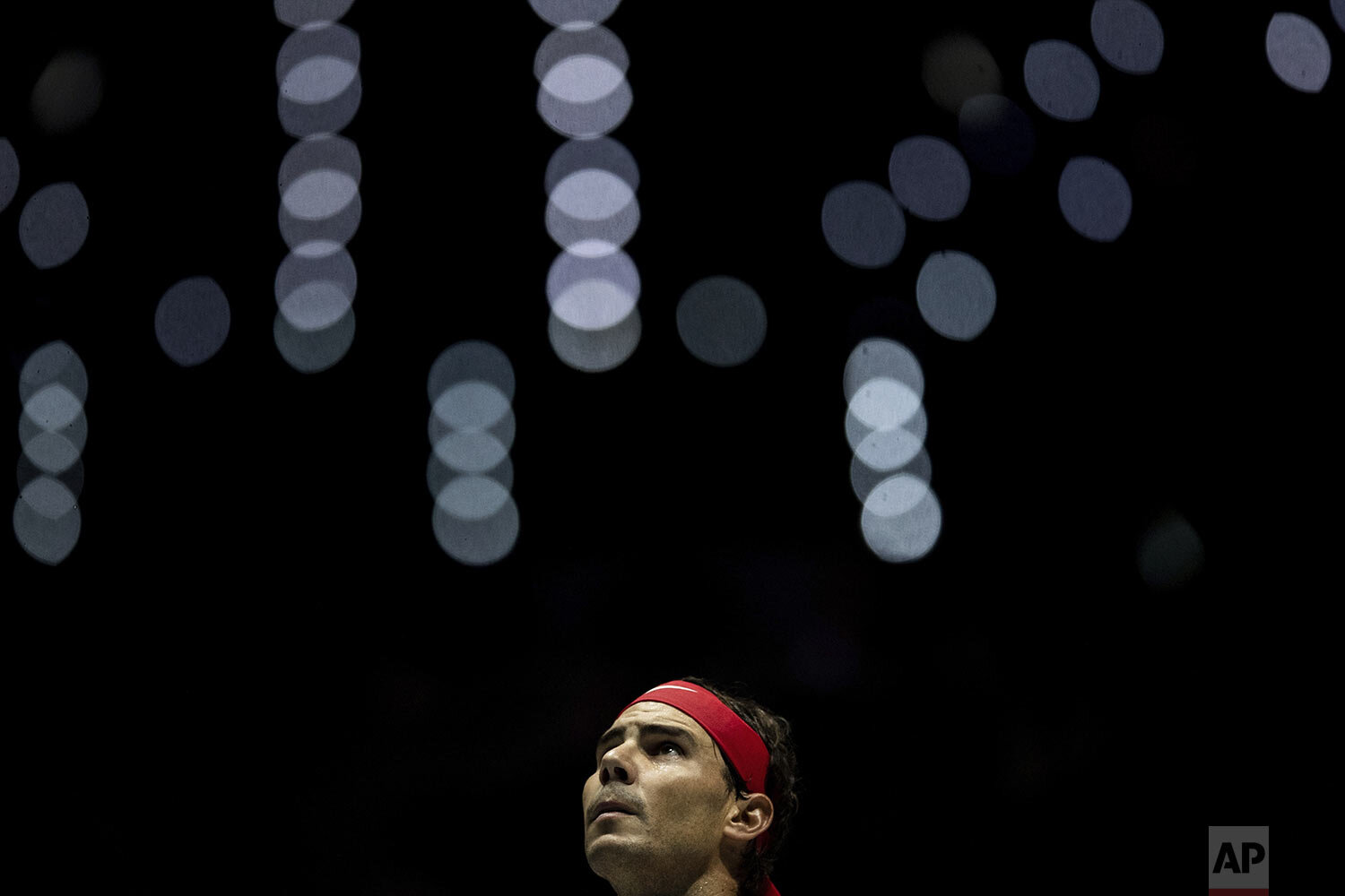  Spain's Rafael Nadal plays against Russia's Karen Khachanov during their Davis Cup tennis match in Madrid, Spain, Tuesday, Nov. 19, 2019. (AP Photo/Bernat Armangue) 
