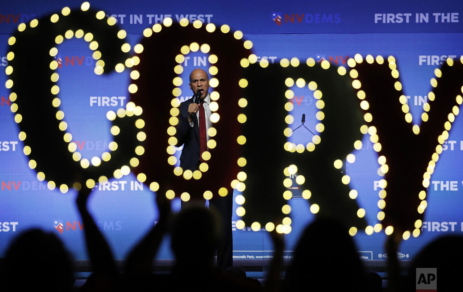 Democratic presidential candidate Sen. Cory Booker, D-N.J., speaks during a fundraiser for the Nevada Democratic Party, Sunday, Nov. 17, 2019, in Las Vegas. (AP Photo/John Locher) 