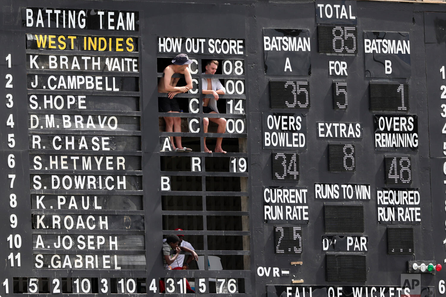  Spectators watch from the scoreboard on day four of the third cricket Test match between England and West Indies at the Daren Sammy Cricket Ground in Gros Islet, St. Lucia, on Feb. 12, 2019. (AP Photo/Ricardo Mazalan) 