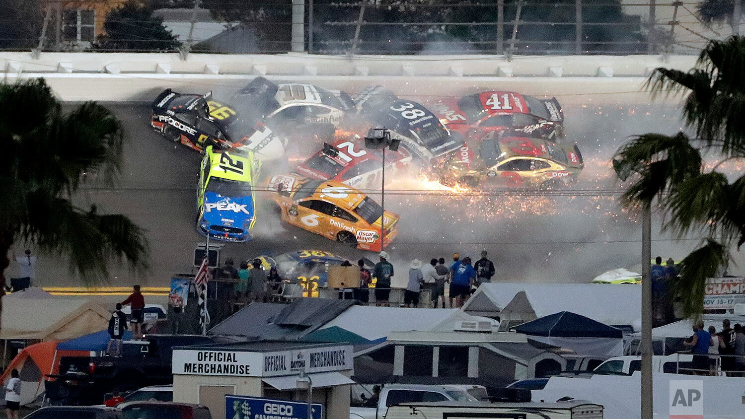  Multiple cars crash during a NASCAR Daytona 500 auto race on Feb. 17, 2019, at Daytona International Speedway in Daytona Beach, Fla. The crash included Austin Dillon (3), Daniel Suarez (41), David Ragan (38), Paul Menard (21), Ryan Newman (6), Aric 