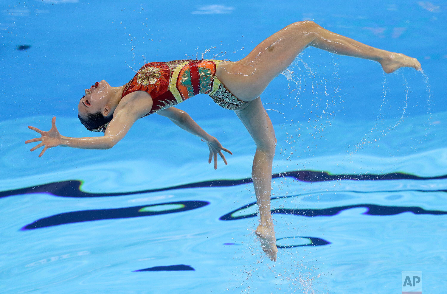  A swimmer from China performs during the artistic swimming team free preliminary event at the World Swimming Championships in Gwangju, South Korea, on July 17, 2019. (AP Photo/Mark Baker) 