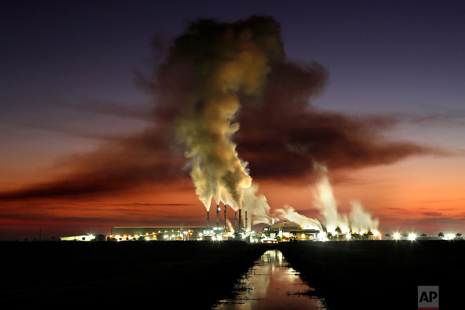  The Sugar Cane Cooperative's mill processes sugar cane at dawn in Belle Glade, Fla., near Lake Okeechobee, on Nov. 1, 2019. The mill operates 24-hours a day during the harvest season, grinding as much as 26,000 tons of sugarcane per day. (AP Photo/R