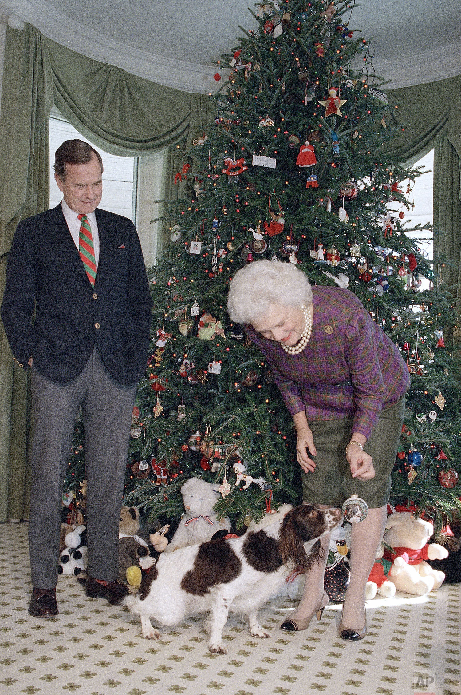  President-elect George Bush looks on as his wife Barbara decorates the Christmas tree at the Bush's Washington residence, Dec. 11, 1988. (AP Photo/Ron Edmonds) 