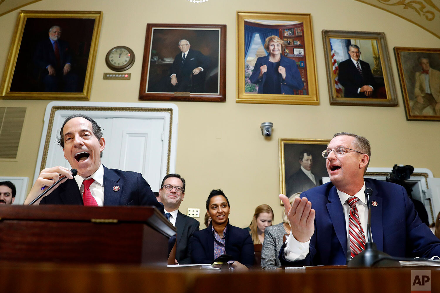  Rep. Jamie Raskin, D-Md., left, and House Judiciary Committee ranking member Rep. Doug Collins, R-Ga., speak during a House Rules Committee hearing on the impeachment against President Donald Trump, Tuesday, Dec. 17, 2019, on Capitol Hill in Washing
