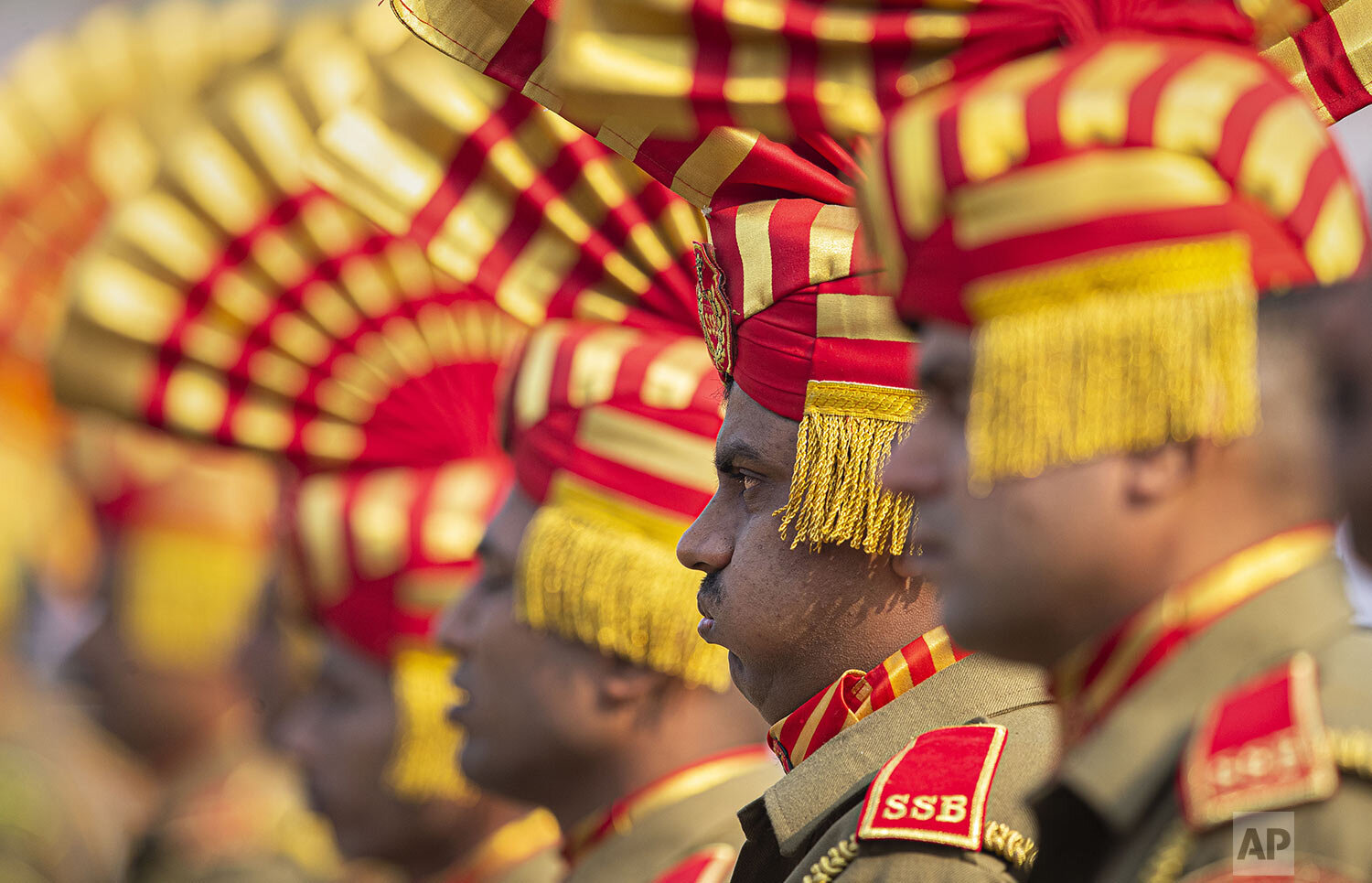  An Indian Sashastra Seema Bal paramilitary soldier breathes through mouth as he participates in a parade to mark Republic Day in Gauhati, India, Sunday, Jan. 26, 2020.  (AP Photo/Anupam Nath) 