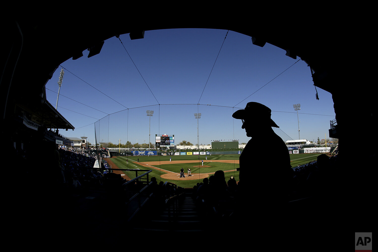  Fans watch during the fifth inning of a spring training baseball game between the Kansas City Royals and the San Diego Padres Monday, Feb. 24, 2020, in Surprise, Ariz. (AP Photo/Charlie Riedel) 