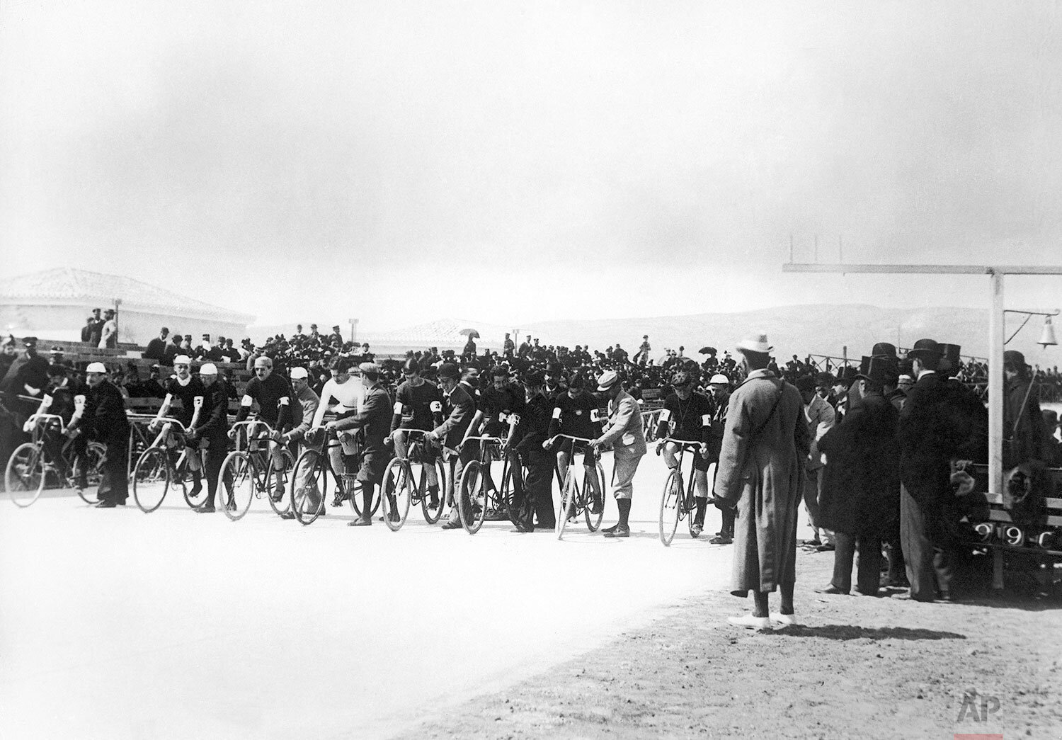  Cyclists line up at the start of the 12 hour race at the Neo Phaliron Velodrome in Athens, Greece, the final event of the first modern International Summer Olympic Games on April 12, 1896. Austrian cyclist Adolf Schmal won with 315 km followed by Br