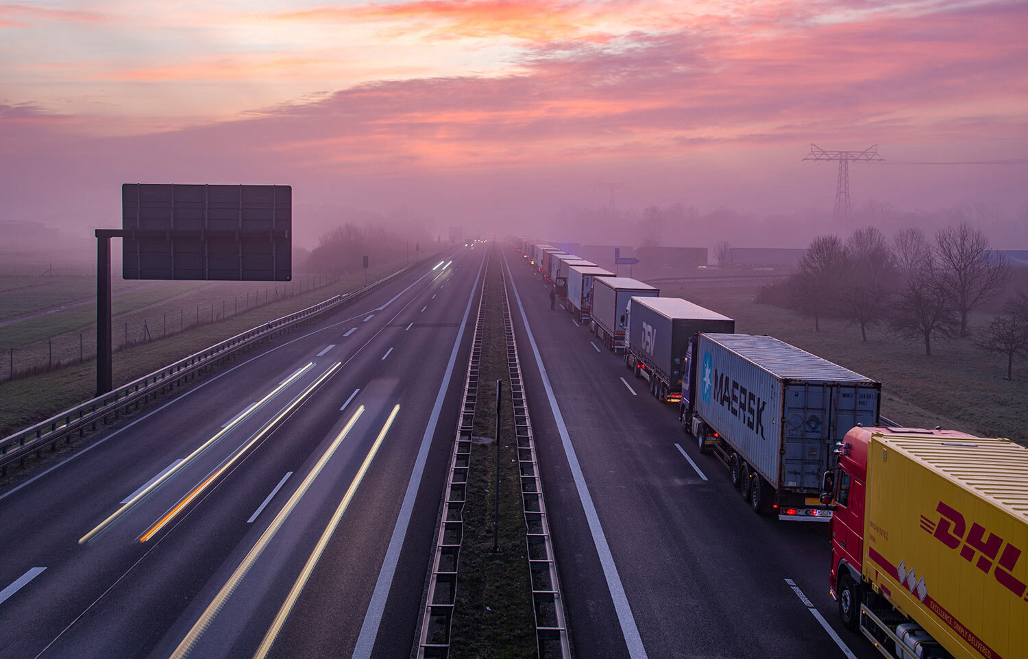  Trucks are jammed in the early morning on Autobahn 12 in front of the German-Polish border crossing near Frankfurt (Oder), Germany, March 18, 2020. (Patrick Pleul/dpa via AP) 