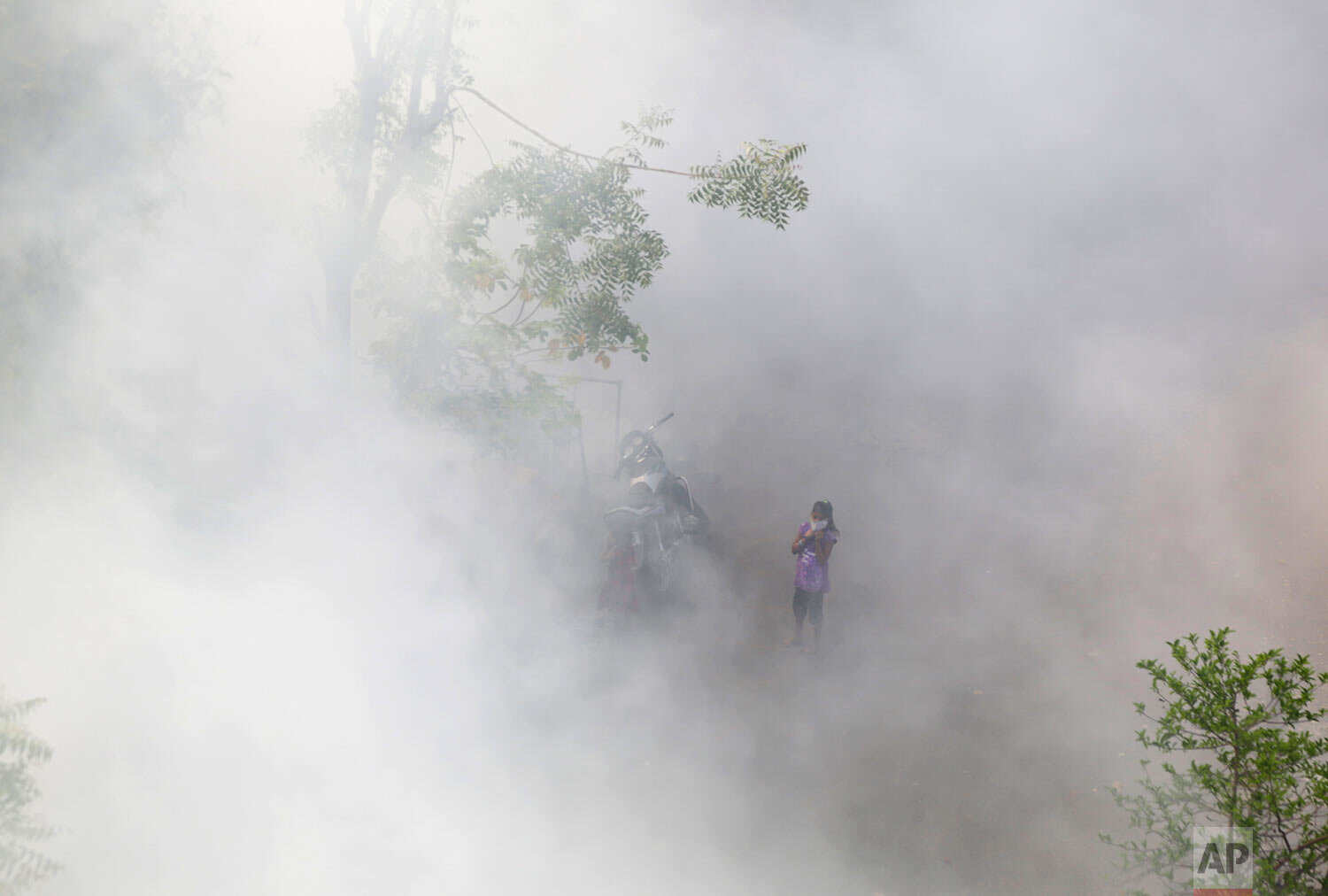  An Indian girl stands amid smoke as municipal workers fumigate an area with disinfectants as a precautionary measure against COVID-19 in Ahmedabad, India, Sunday, March 29, 2020. (AP Photo/Ajit Solanki) 