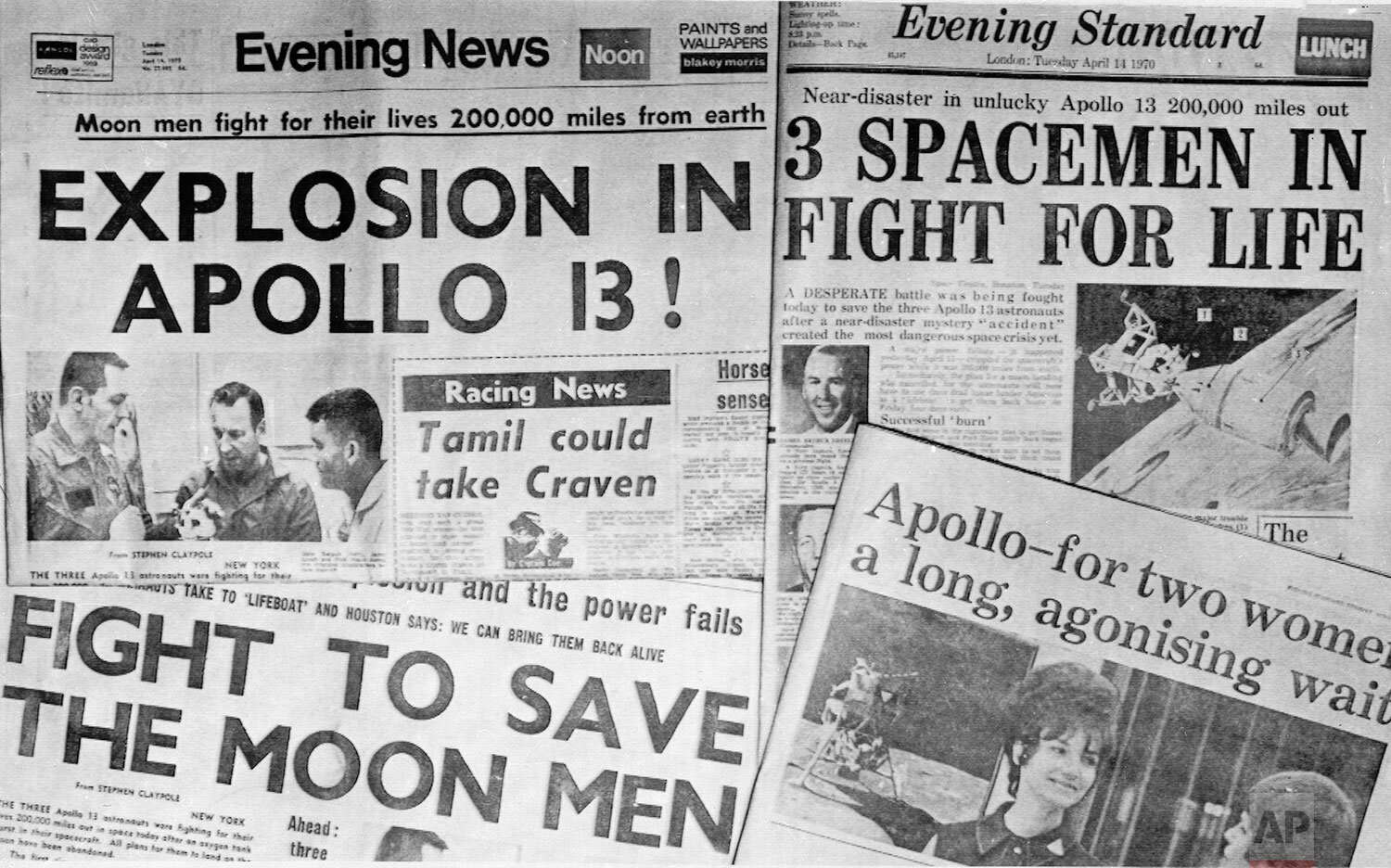  London evening newspaper headlines report the Apollo 13 troubles, outlining the battle to bring the astronauts and their crippled spaceship back to Earth from a quarter million miles away. London, April 14, 1970. (AP Photo/Eddie Worth) 