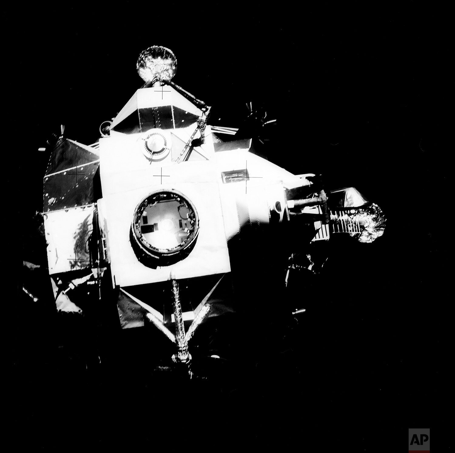  A view of the Apollo 13 Lunar Module (LM) was photographed from the Command Module (CM) just after the LM had been jettisoned, April 17, 1970. The jettisoning occurred a few minutes before 11 a.m. (CST), just over an hour prior to splashdown of the 