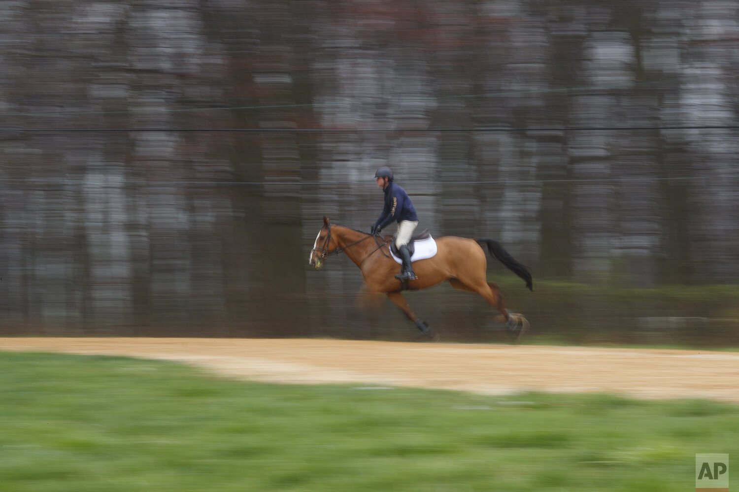  Phillip Dutton, a medal-winning equestrian on the U.S. Olympic team, gallops Quasi Cool during a training session at his farm, Tuesday, March 31, 2020, in West Grove, Pa. (AP Photo/Matt Slocum) 