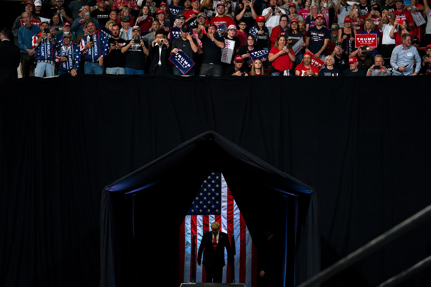  President Donald Trump arrives to speak at a campaign rally at Veterans Memorial Coliseum, Wednesday, Feb. 19, 2020, in Phoenix, Ariz. (AP Photo/Evan Vucci)  