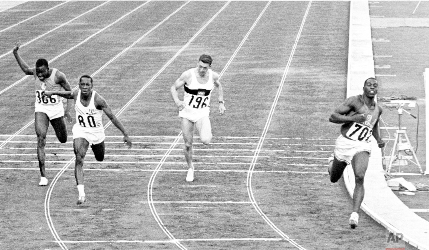  This is the full finish of the Olympic 100-meter dash final at the National Stadium in Tokyo Oct. 15, 1964. From left to right: Gaoussou Kone of Ivory Coast (6th), Enrique Figuerola of Cuba (second), Heinz Schumann of Germany (5th) and Bob Hayes of 