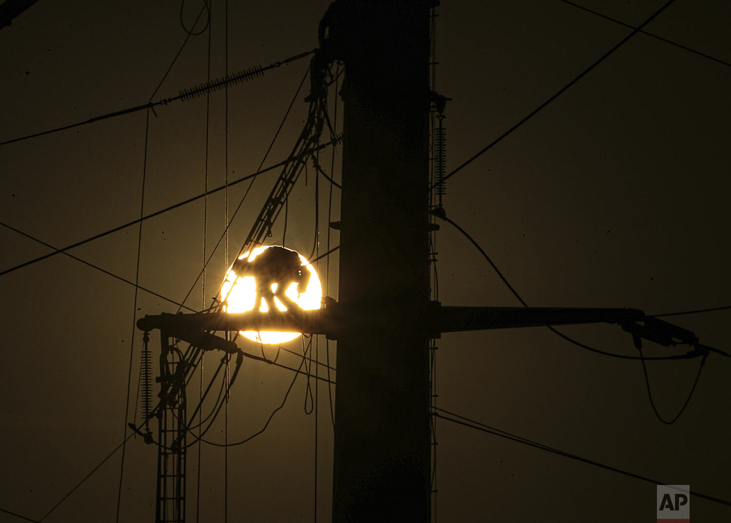  A worker silhouetted against a setting sun works on power transmission tower lines in Santiago, Chile, Aug. 7, 2020. (AP Photo/Esteban Felix) 