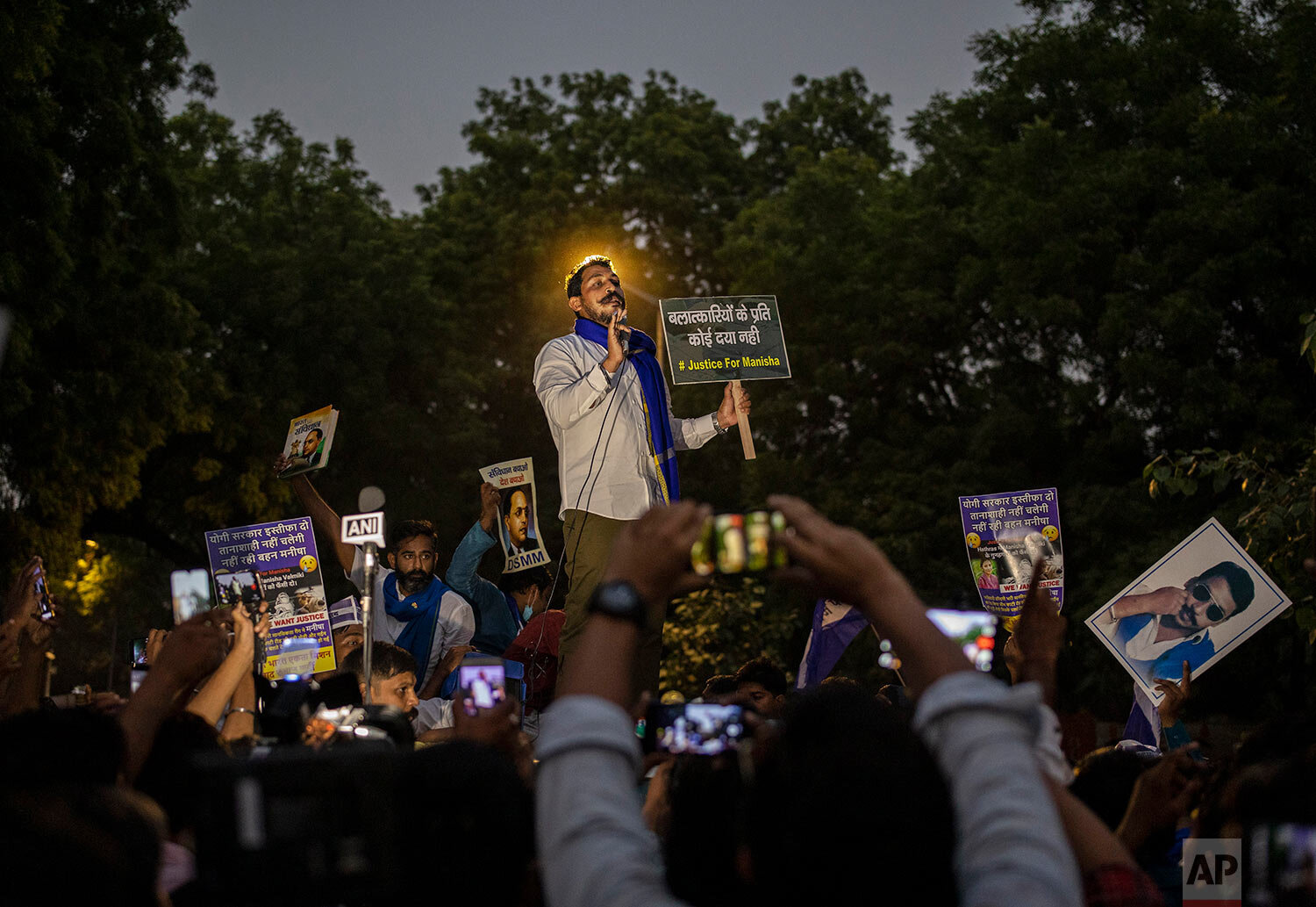 Chandrashekhar Azad, leader of the Bhim Army, a political party of Dalits who represent the Hinduism's lowest caste, speaks during a protest against the gang rape and killing of a woman in India's northern state of Uttar Pradesh, in New Delhi, India
