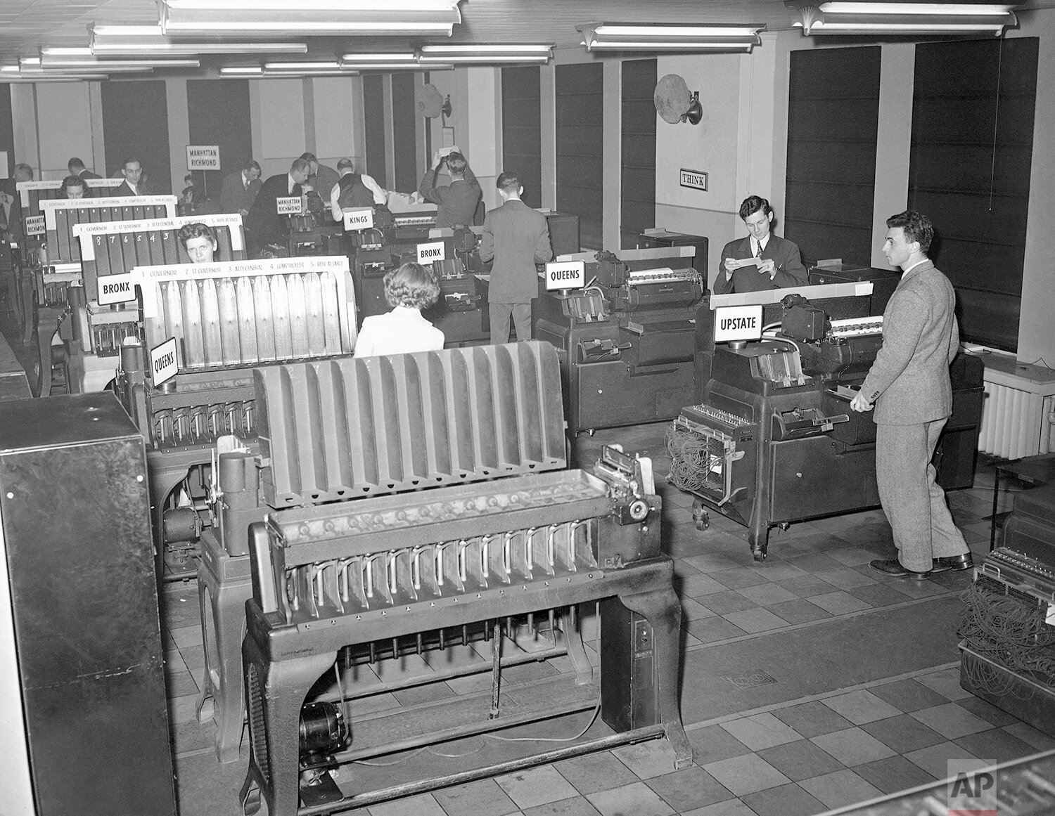  This battery of tabulating machines plays an important part in the gathering of the election returns by the Associated Press in New York, Nov. 3, 1942. The returns, coming in by teletype, are classified and counted with the aid of these and other ma