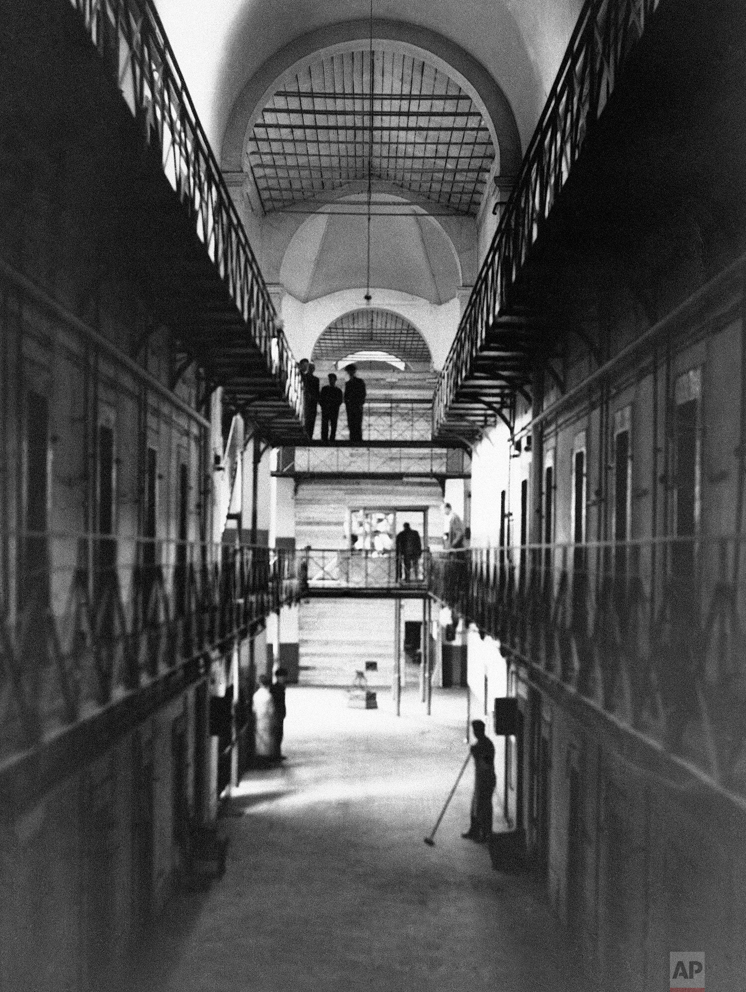  The cell block in the Nuremberg prison, Germany, on Aug. 30, 1945, which will house war criminals awaiting trial. At the end is seen a boarded up section where important prisoners will be housed. (AP Photo) 