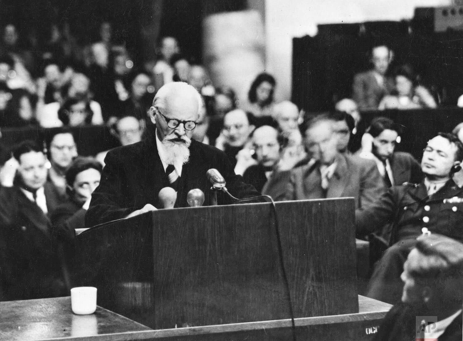  Hermann Schmitz, former chairman of the managing board of directors of the I.G. Farben Chemical Industries gives his final plea at the U.S. Military Tribunal in Nuremberg, Germany, June 11, 1948, concluding his defense with the statement: "My consci