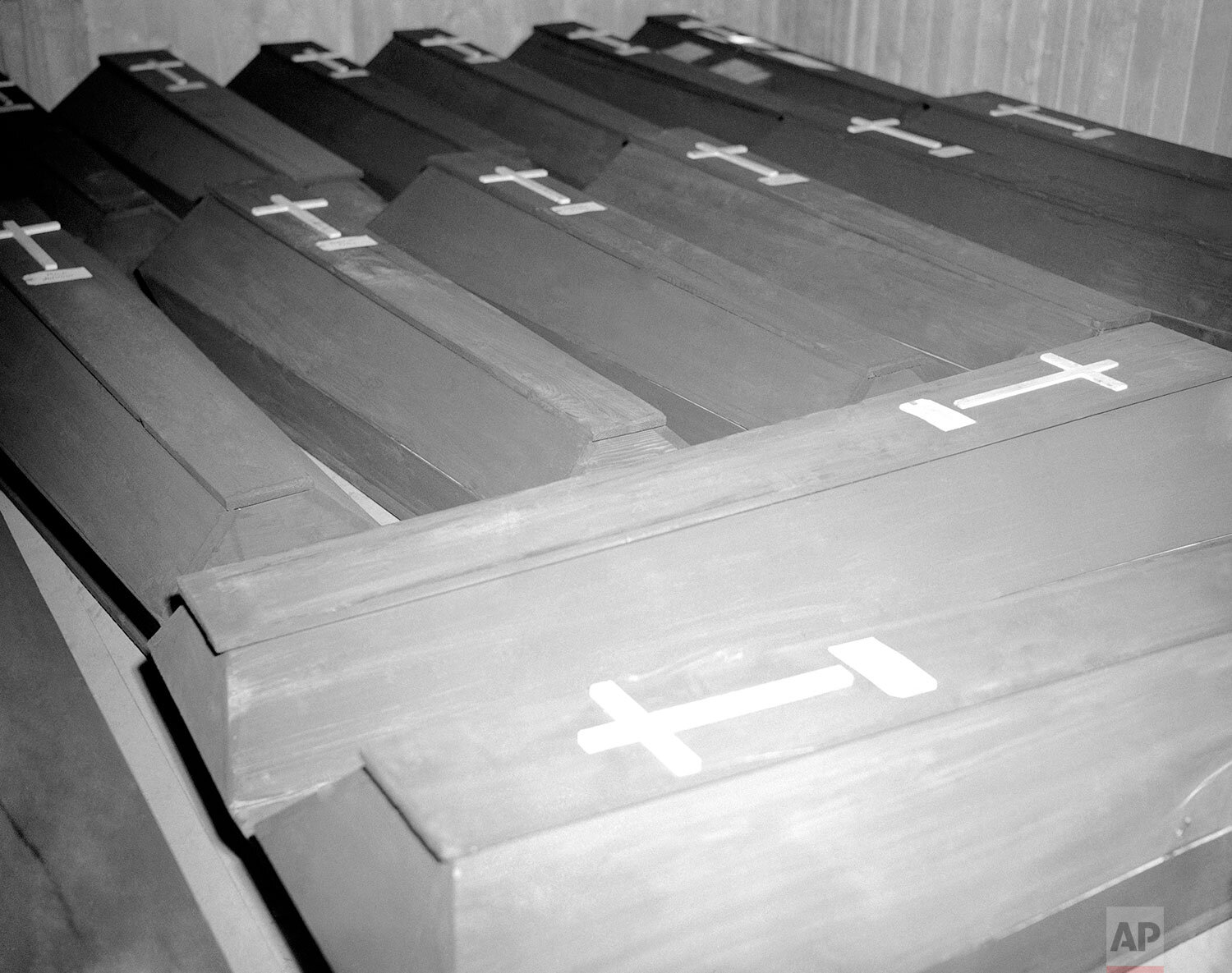  These coffins contain bodies of Nazis executed at Landsberg, Germany on May 28, 1946, in the first day of a two-day mass execution of 28 persons convicted last December of killing thousands of innocent victims by medical experiments, unleashing of h